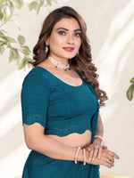 Load image into Gallery viewer, Stylish Teal Lycra Blouse with Swarovski Work & Scalloped Finishing