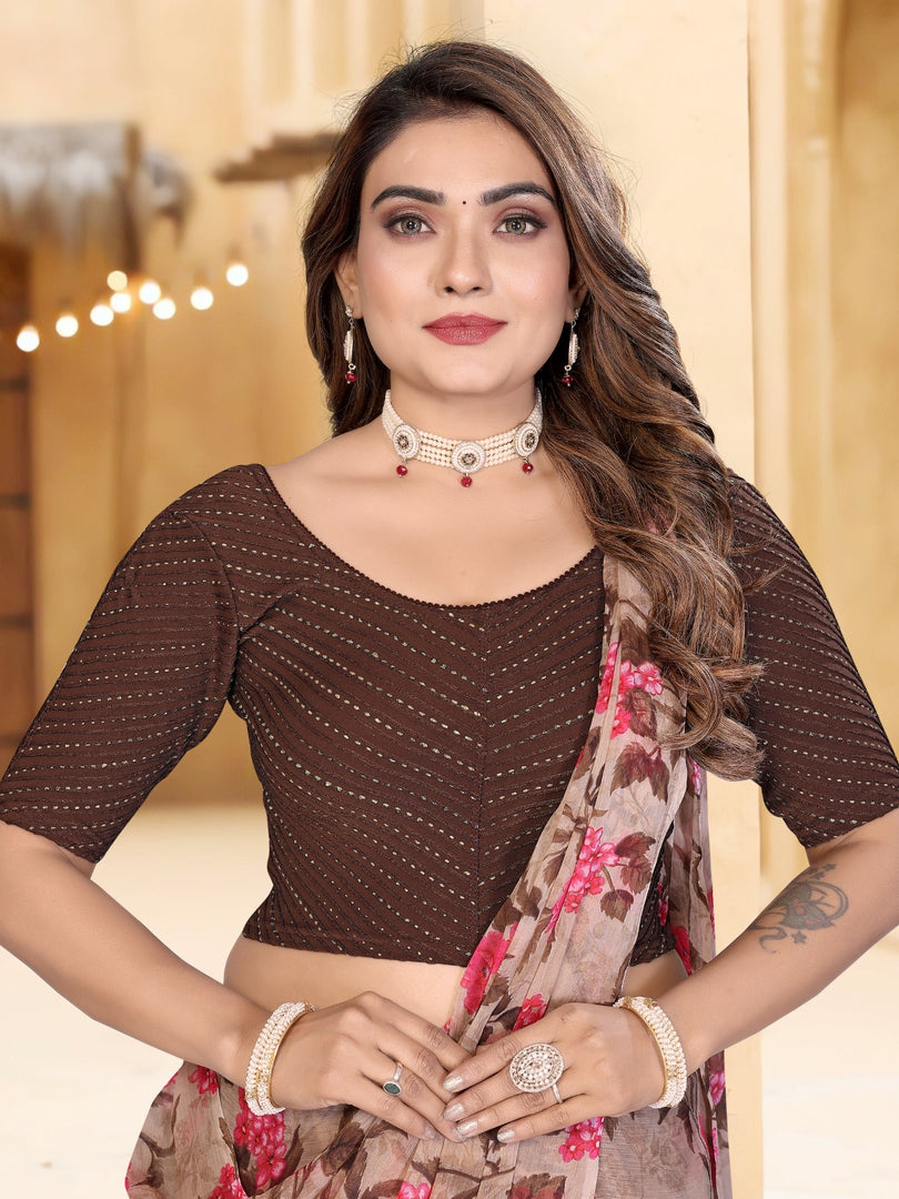 Women's Brown Lycra Saree Blouse with Stylish Dot Pattern & Half Sleeves