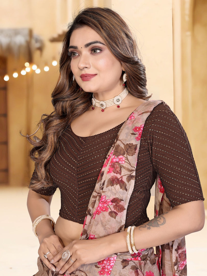 Women's Brown Lycra Saree Blouse with Stylish Dot Pattern & Half Sleeves