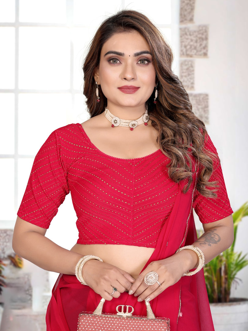 Pink Lycra Stretchable Saree Blouse with Dot Pattern & Half Sleeves