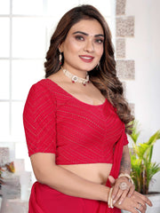 Pink Lycra Stretchable Saree Blouse with Dot Pattern & Half Sleeves