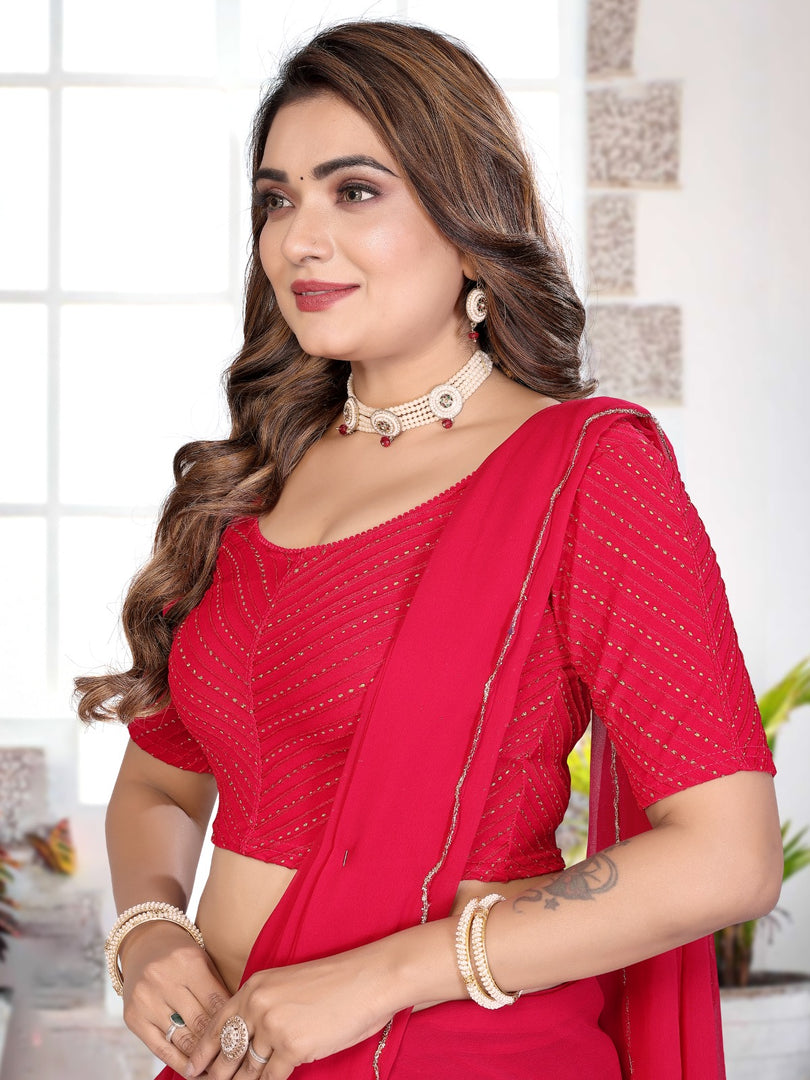 Pink Lycra Stretchable Saree Blouse with Dot Pattern & Half Sleeves