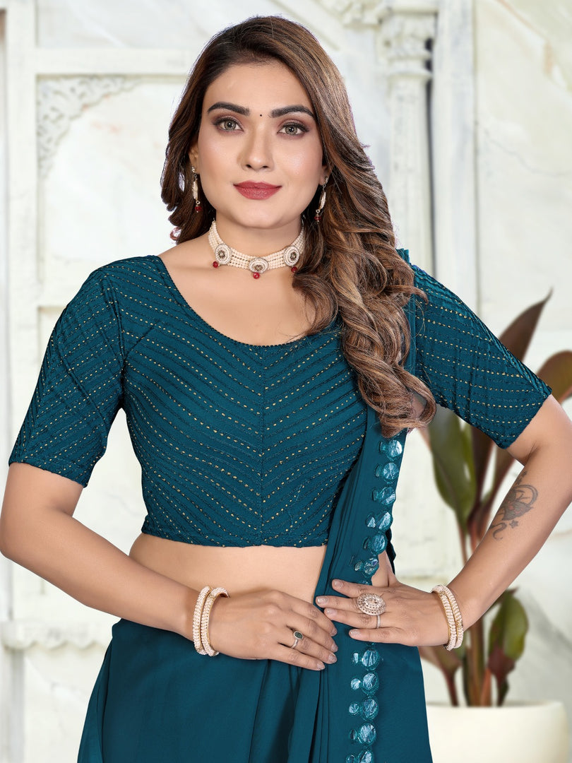 Women's Teal Lycra Stitched Saree Blouse – Ready Made & Ready to Wear