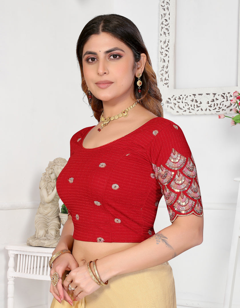 Red Sequins & Embroidered Readymade Saree Blouse