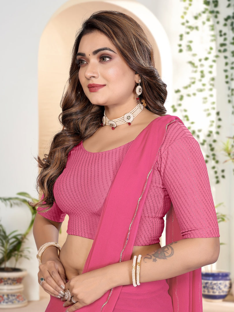 Elegant Baby Pink Lycra Stitched Saree Blouse – Ready Made & Ready to Wear