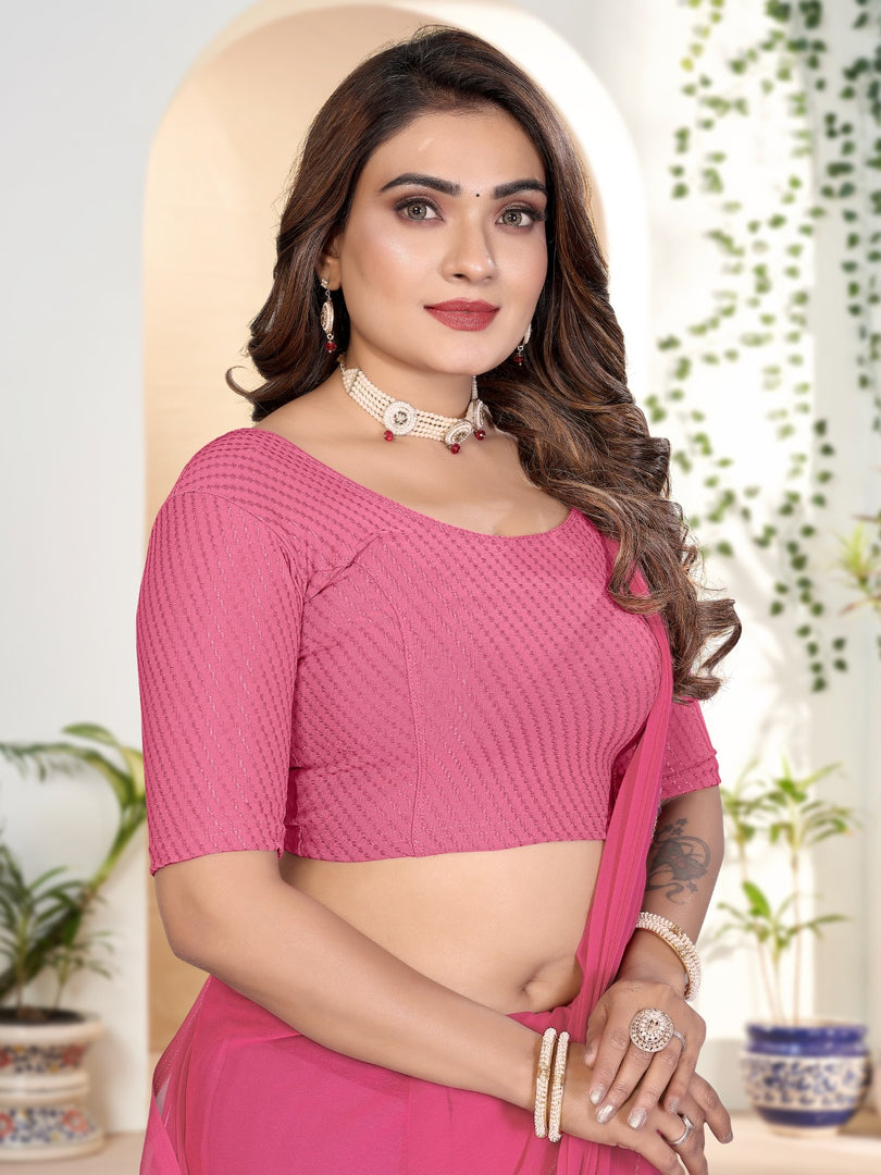 Elegant Baby Pink Lycra Stitched Saree Blouse – Ready Made & Ready to Wear