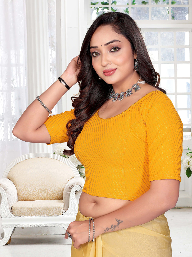 Bright Yellow Textured Pattern Readymade Saree Blouse