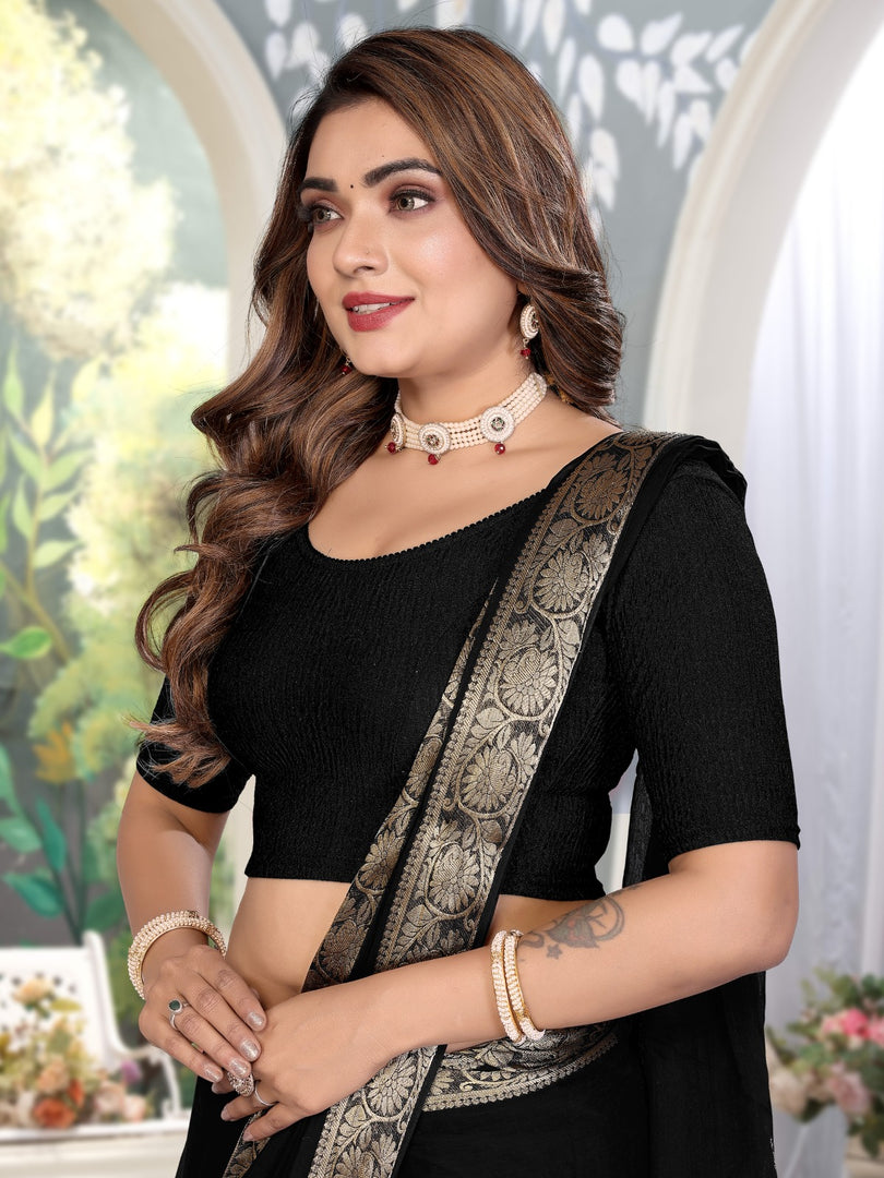 Stylish Crushed Texture Black Readymade Saree Blouse
