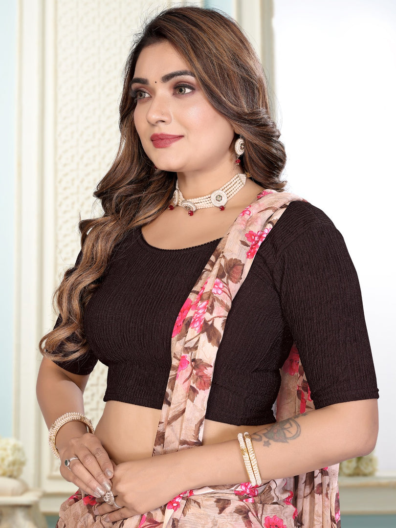 Charming Crushed Texture Coffee Readymade Saree Blouse