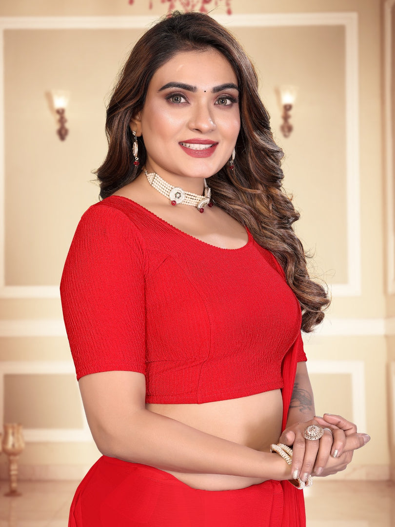 Graceful Crushed Texture Red Readymade Saree Blouse