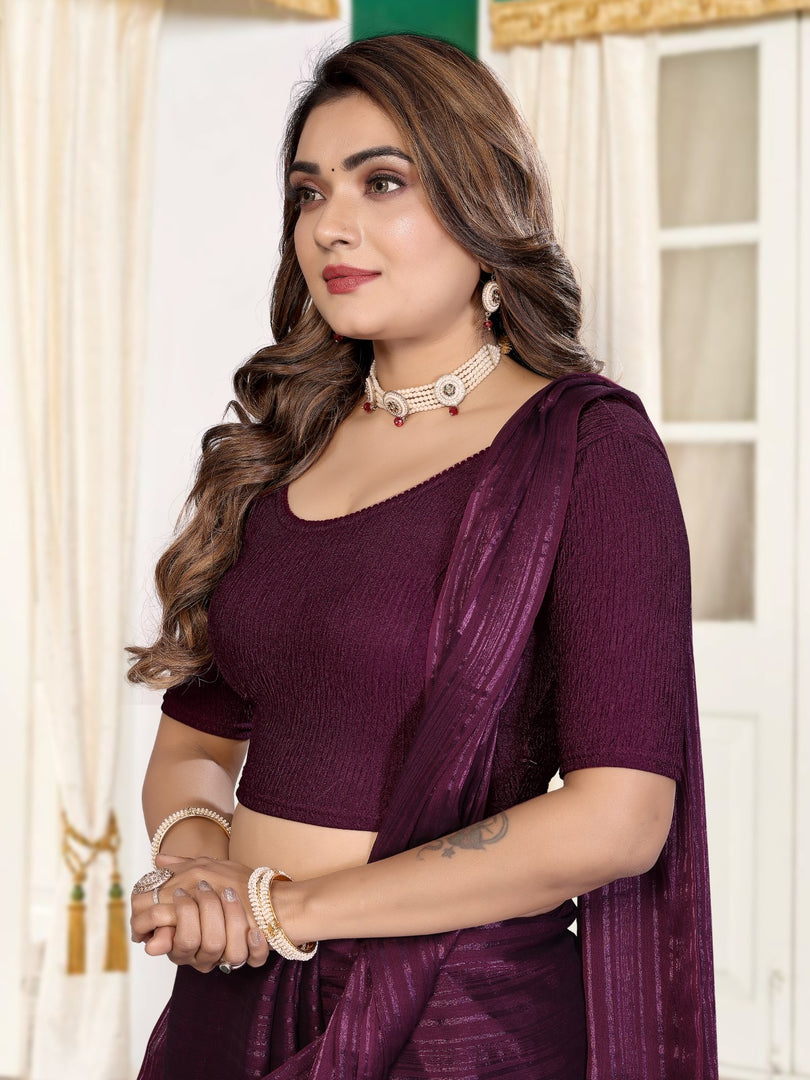 Charming Crushed Texture Wine Readymade Saree Blouse