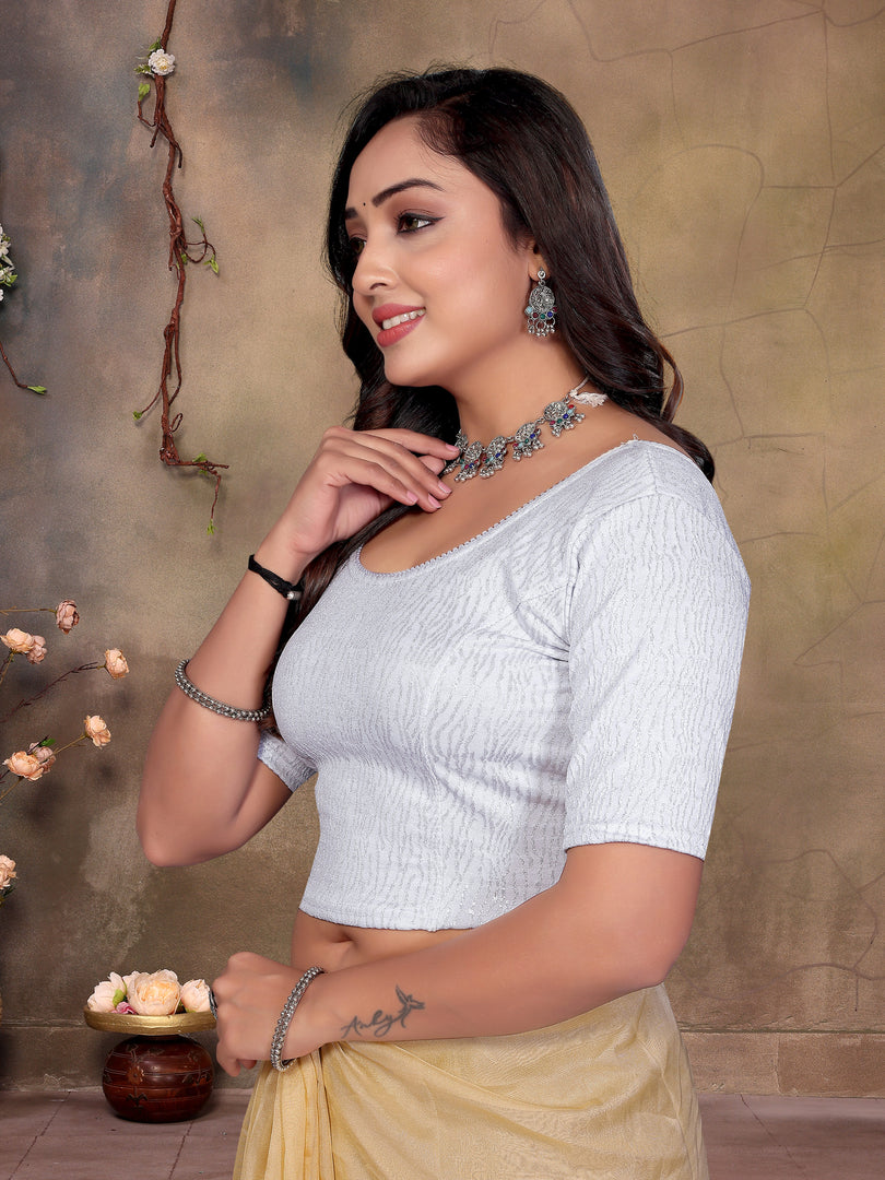 Silver Premium Shimmer Textured Readymade Saree Blouse