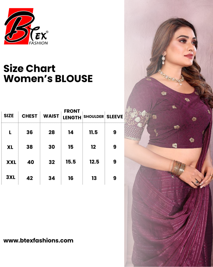 A size chart of women's Blouse By BTex Fashion